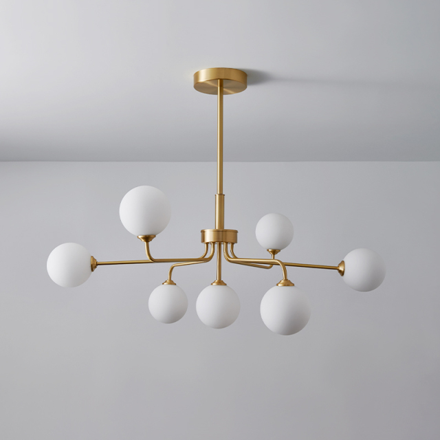 Modern Mid-century Glam 7 Light Sputnik Arms Chandelier with Glass Milk Globes for Bedroom Living Room