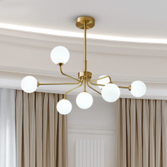 Modern Mid-century Glam 7 Light Sputnik Arms Chandelier with Glass Milk Globes for Bedroom Living Room