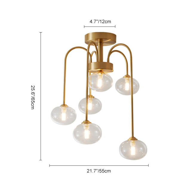 Modern Swirl Brass 6 Light Flush Mount Ceiling Light with Clear Glass Shade Up and Down