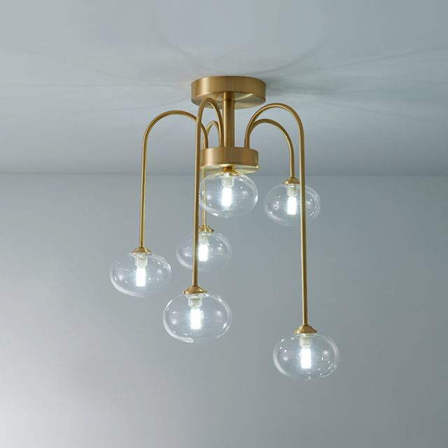 Modern Swirl Brass 6 Light Flush Mount Ceiling Light with Clear Glass Shade Up and Down