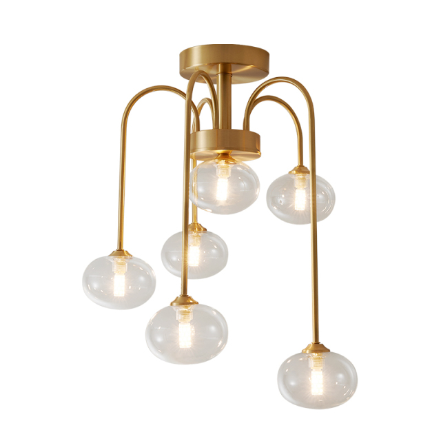 Modern Swirl Brass 6 Light Flush Mount Ceiling Light with Clear Glass Shade Up and Down