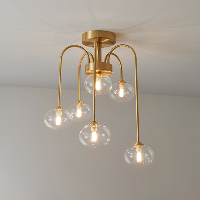 Modern Swirl Brass 6 Light Flush Mount Ceiling Light with Clear Glass Shade Up and Down