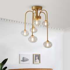 Modern Swirl Brass 6 Light Flush Mount Ceiling Light with Clear Glass Shade Up and Down