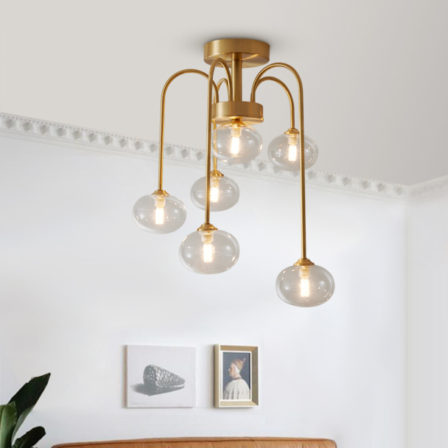 Modern Swirl Brass 6 Light Flush Mount Ceiling Light with Clear Glass Shade Up and Down