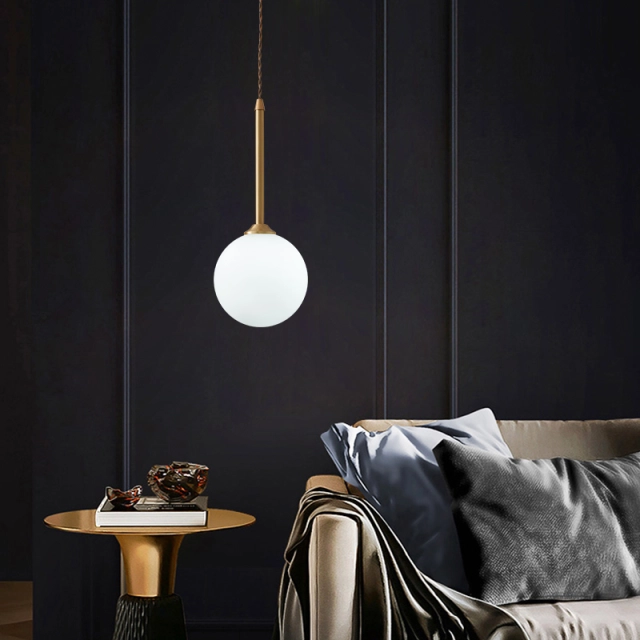 Minimalist Brass 1-light Globe Pendant Light with Opal Glass Shade for Bedroom Breakfast/ Coffee Table