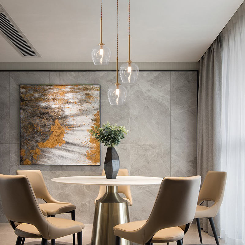 Mid-century Modern Brass 3-Light Round Canopy Pendant Lighting with Clear Glass Shade for Kitchen Island Dining Table
