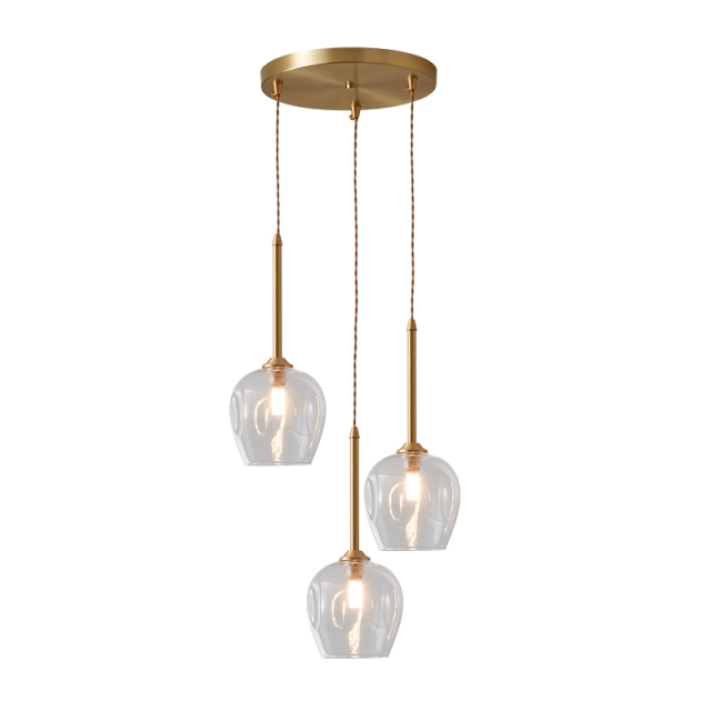 Mid-century Modern Brass 3-Light Round Canopy Pendant Lighting with Clear Glass Shade