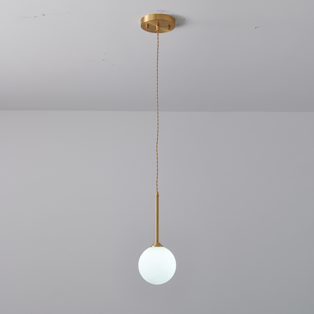 Minimalist Brass 1-light Globe Pendant Light with Opal Glass Shade for Bedroom Breakfast/ Coffee Table