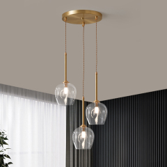 Mid-century Modern Brass 3-Light Round Canopy Pendant Lighting with Clear Glass Shade