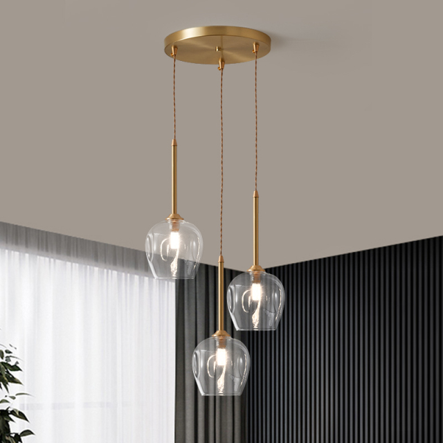 Mid-century Modern Brass 3-Light Round Canopy Pendant Lighting with Clear Glass Shade