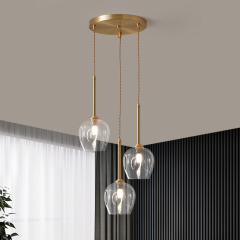 Mid-century Modern Brass 3-Light Round Canopy Pendant Lighting with Clear Glass Shade for Kitchen Island Dining Table