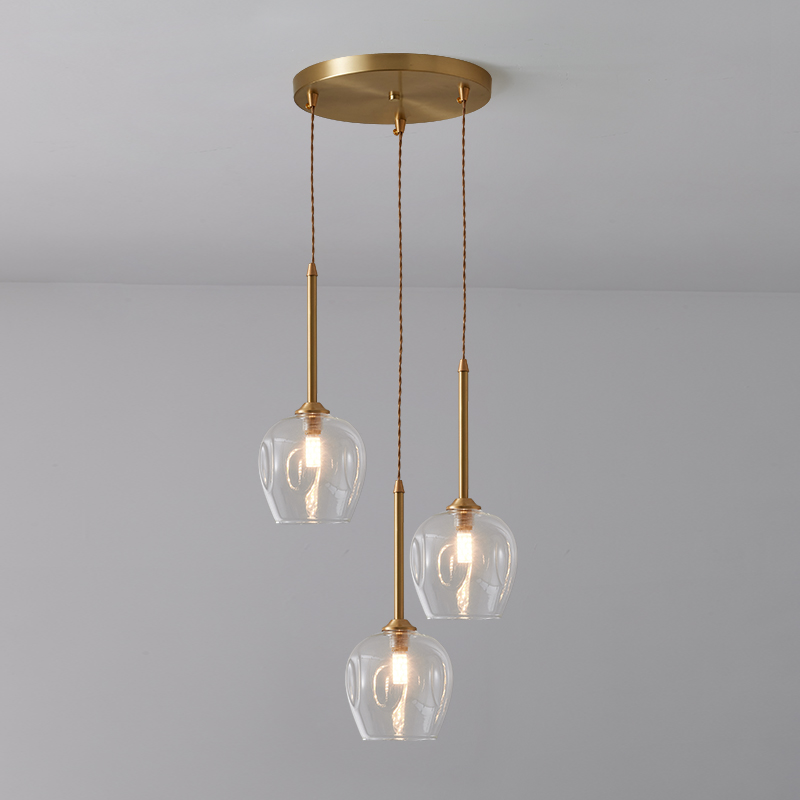 Mid-century Modern Brass 3-Light Round Canopy Pendant Lighting with Clear Glass Shade for Kitchen Island Dining Table