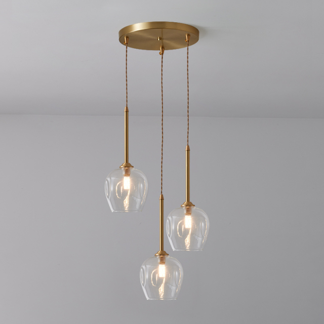 Mid-century Modern Brass 3-Light Round Canopy Pendant Lighting with Clear Glass Shade