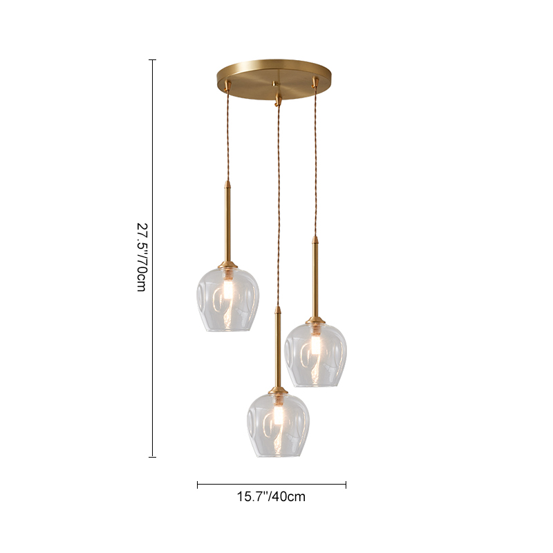 Mid-century Modern Brass 3-Light Round Canopy Pendant Lighting with Clear Glass Shade for Kitchen Island Dining Table