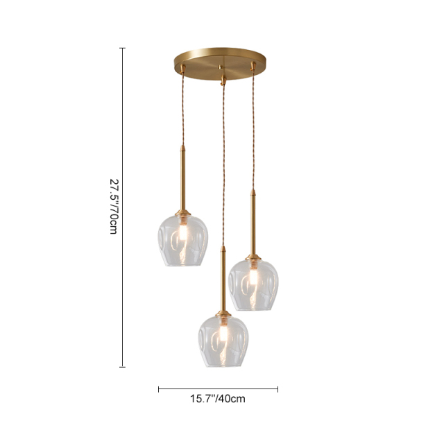 Mid-century Modern Brass 3-Light Round Canopy Pendant Lighting with Clear Glass Shade