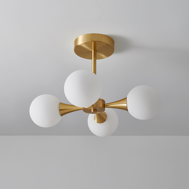 4-light Mid-Century Modern Opal Globe Glam Chandelier Brass Ceiling Light for Living Room Hallway