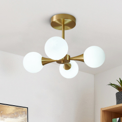 4-light Mid-Century Modern Opal Globe Glam Chandelier Brass Ceiling Light for Living Room Hallway