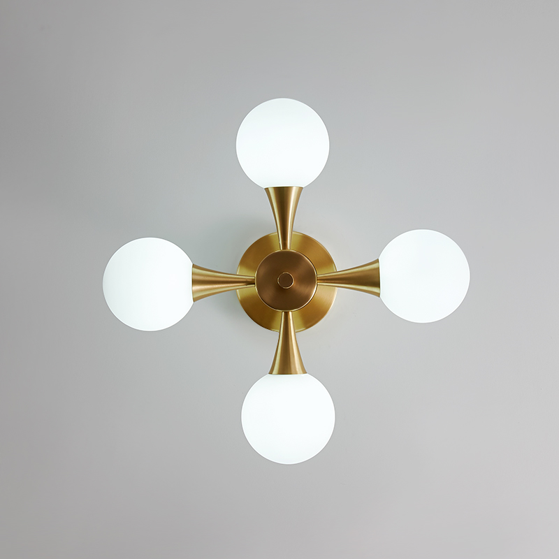 4-light Mid-Century Modern Opal Globe Glam Chandelier Brass Ceiling Light for Living Room Hallway