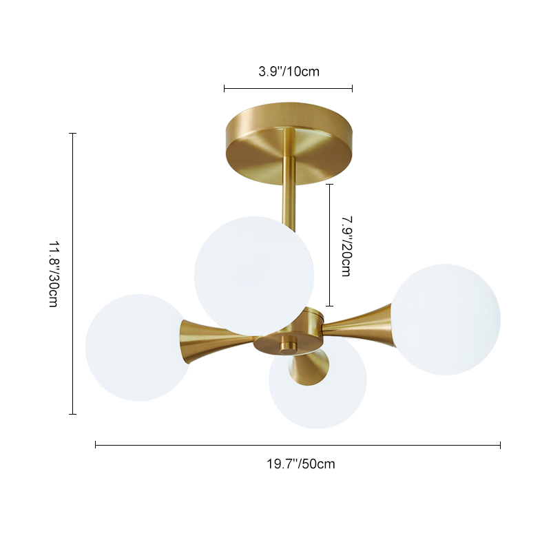 4-light Mid-Century Modern Opal Globe Glam Chandelier Brass Ceiling Light for Living Room Hallway
