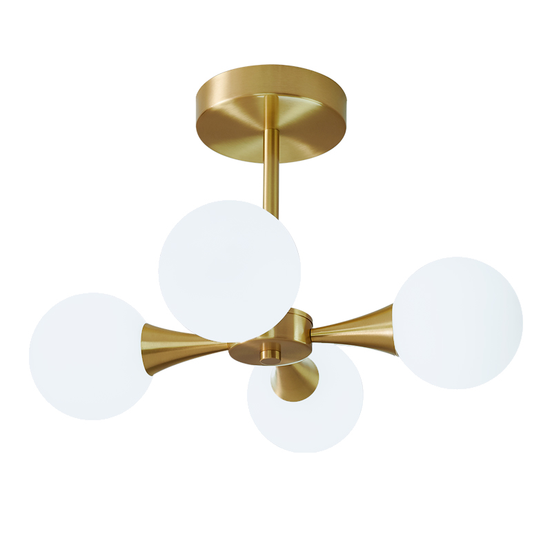 4-light Mid-Century Modern Opal Globe Glam Chandelier Brass Ceiling Light for Living Room Hallway