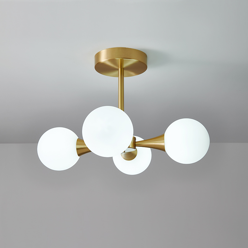 4-light Mid-Century Modern Opal Globe Glam Chandelier Brass Ceiling Light for Living Room Hallway