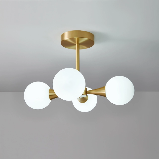 4-light Modern Opal Globe Glam Chandelier Brass Ceiling Light for Living Room Hallway