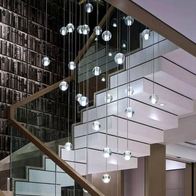 Modern Design Crystal Ball Collection Staircase Pendant Light with Glass Balls for High Ceiling Stairwell Foyer