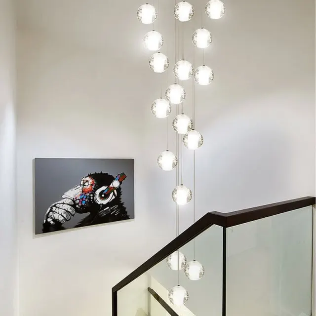 Modern Design Crystal Ball Collection Staircase Pendant Light with Glass Balls for High Ceiling Stairwell Foyer