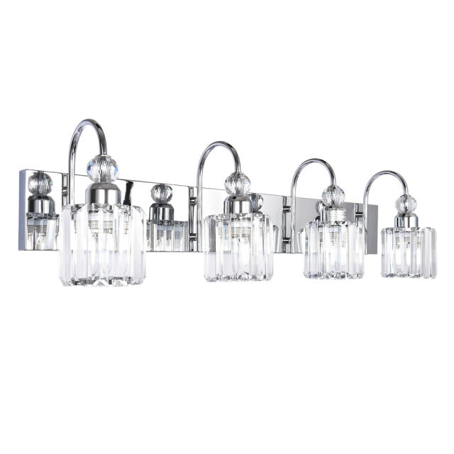 Mid-century Glam Modern 30.7'' Wide 4 Light Crystal Wall Sconce Modern Vanity Light for Bathroom Bedroom in Chrome/ Black+Brass Finish