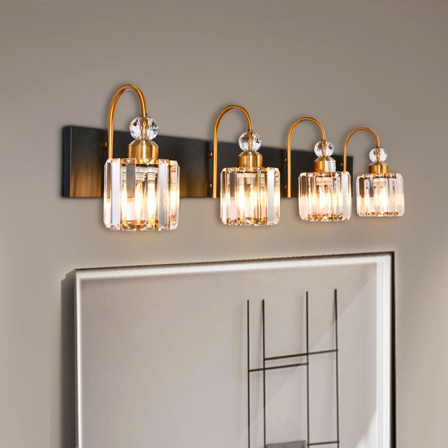 Mid-century Glam Modern 30.7'' Wide 4 Light Crystal Wall Sconce Modern Vanity Light for Bathroom Bedroom in Chrome/ Black+Brass Finish