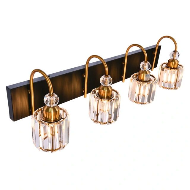 Mid-century Glam Modern 30.7'' Wide 4 Light Crystal Wall Sconce Modern Vanity Light for Bathroom Bedroom in Chrome/ Black+Brass Finish