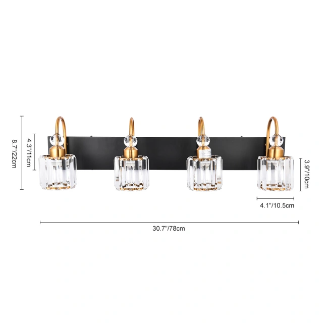 Mid-century Glam Modern 30.7'' Wide 4 Light Crystal Wall Sconce Modern Vanity Light for Bathroom Bedroom in Chrome/ Black+Brass Finish