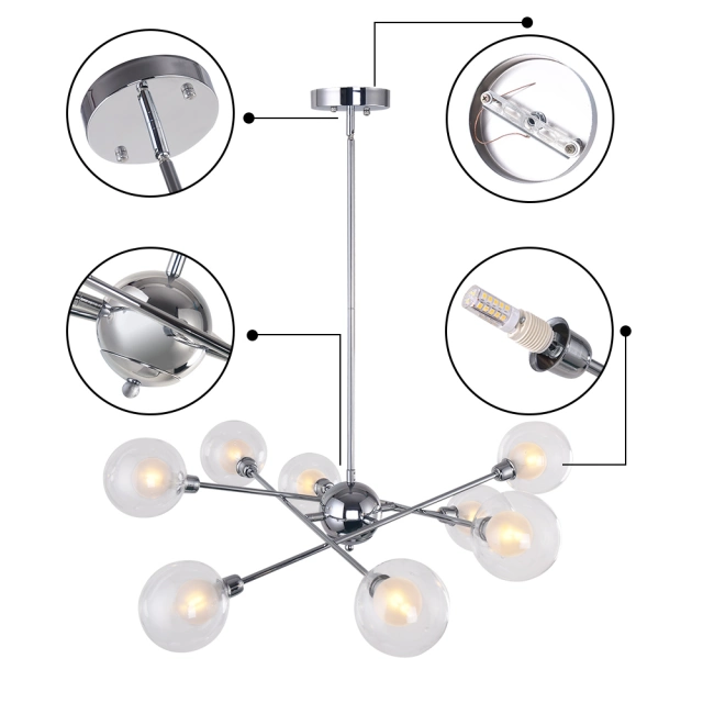 Modern Farmhouse 8 Light Sputnik Chandelier in Chrome with Clear Globe Glass Shade