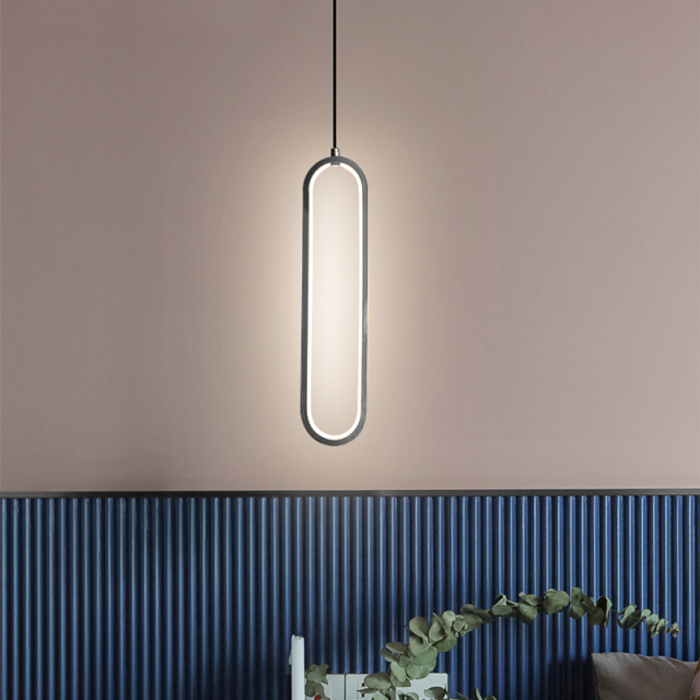 Minimalist Modern LED Oval Ring Shape Metal Pendant Light Hanging Lamp in Black Finish for Bedroom Living Room