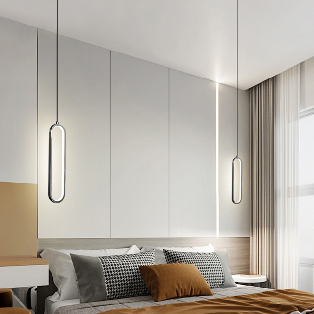 Minimalist Modern LED Oval Ring Shape Metal Pendant Light Hanging Lamp in Black Finish for Bedroom Living Room