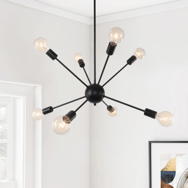 Black 8-Light Sputnik Chandelier Height Adjustable and Sloped Ceiling Compatible for Modern Farmhouse