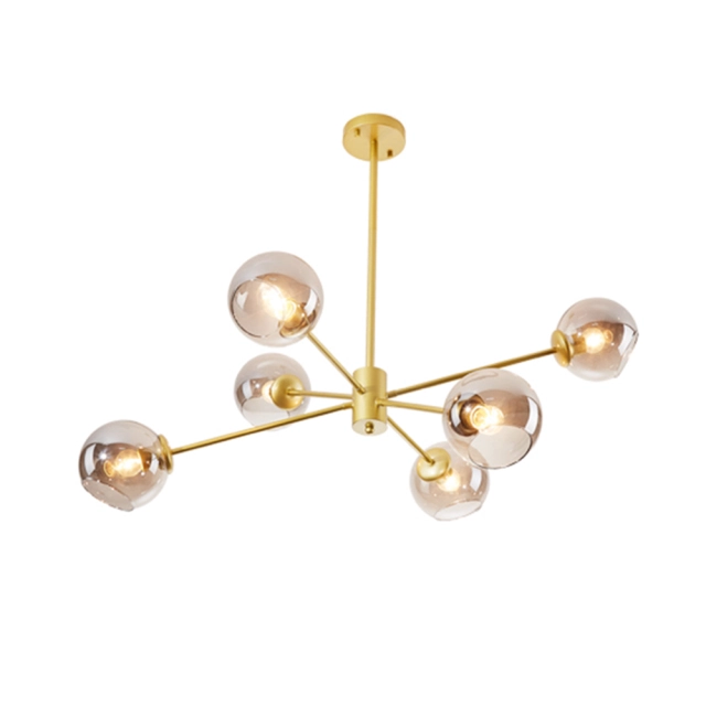 6 Light Modern Sputnik Chandelier in Brass Finish with Gray Glass Shade for Living Room Dining Room