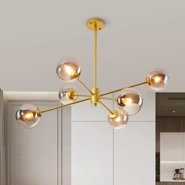 6 Light Modern Sputnik Chandelier in Brass Finish with Gray Glass Shade for Living Room Dining Room