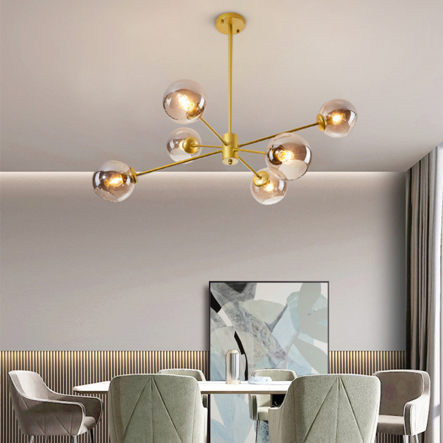 6 Light Modern Sputnik Chandelier in Brass Finish with Gray Glass Shade for Living Room Dining Room