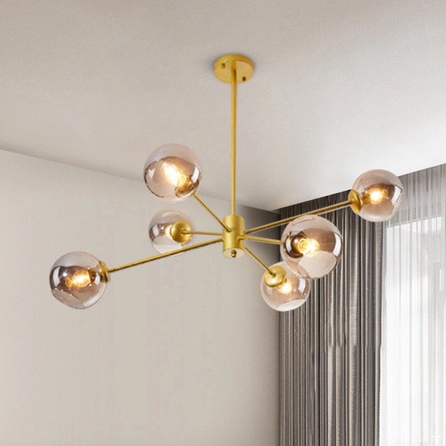 6 Light Modern Sputnik Chandelier in Brass Finish with Gray Glass Shade for Living Room Dining Room