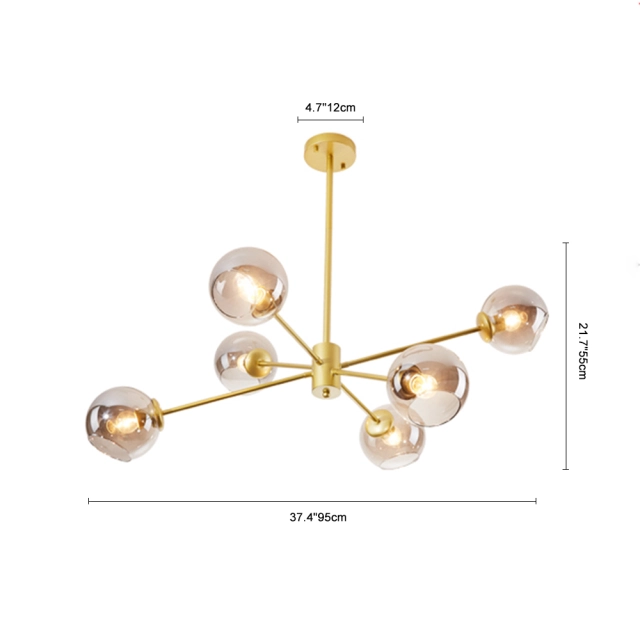 6 Light Modern Sputnik Chandelier in Brass Finish with Gray Glass Shade for Living Room Dining Room