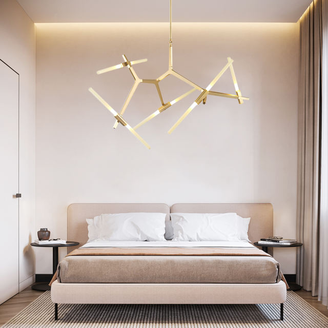 Modern Mid-Century 10 Light Brass Branch Asymmetric Modern Chandelier For Living Room Dining Room