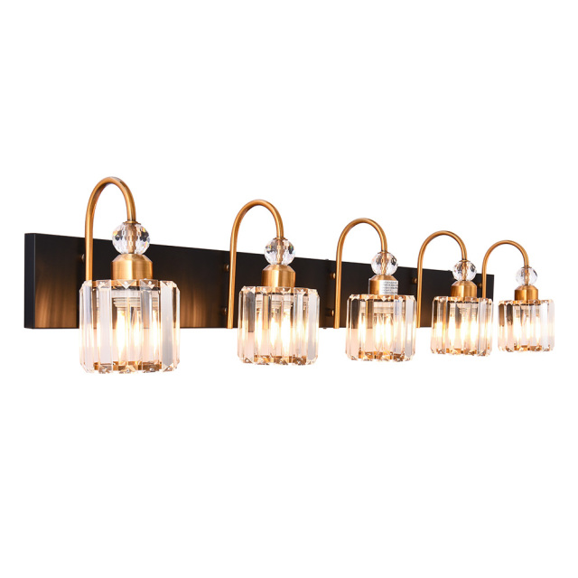 Luxurious Modern 5 Light Crystal Wall Sconce Modern Vanity Light for Bathroom in Chrome/ Black+Brass Finish