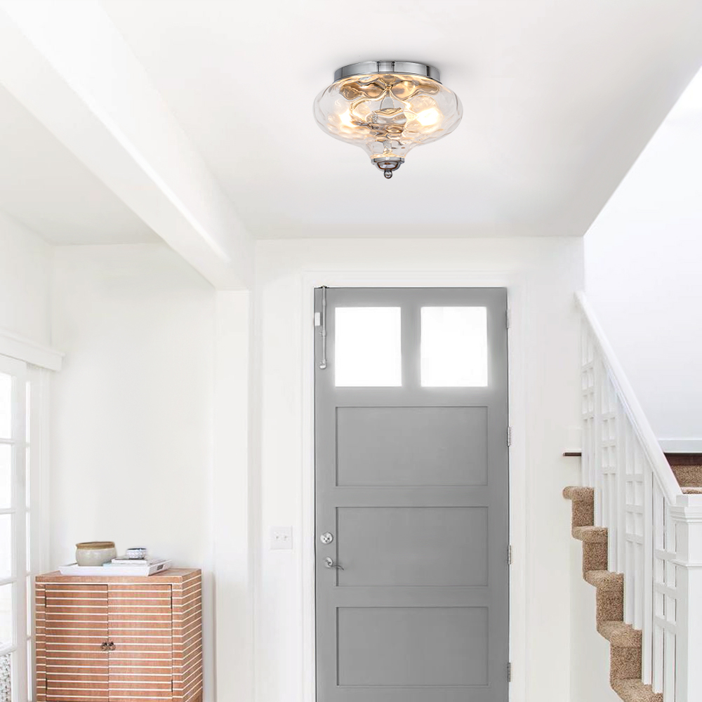 Modern Contemporary Hammer Glass Shade 2-Light Flush Mount Ceiling Light in Chrome Finish for Bedroom/ Hallway