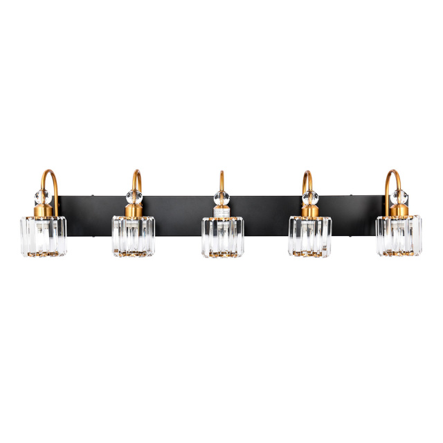 Luxurious Modern 5 Light Crystal Wall Sconce Modern Vanity Light for Bathroom in Chrome/ Black+Brass Finish