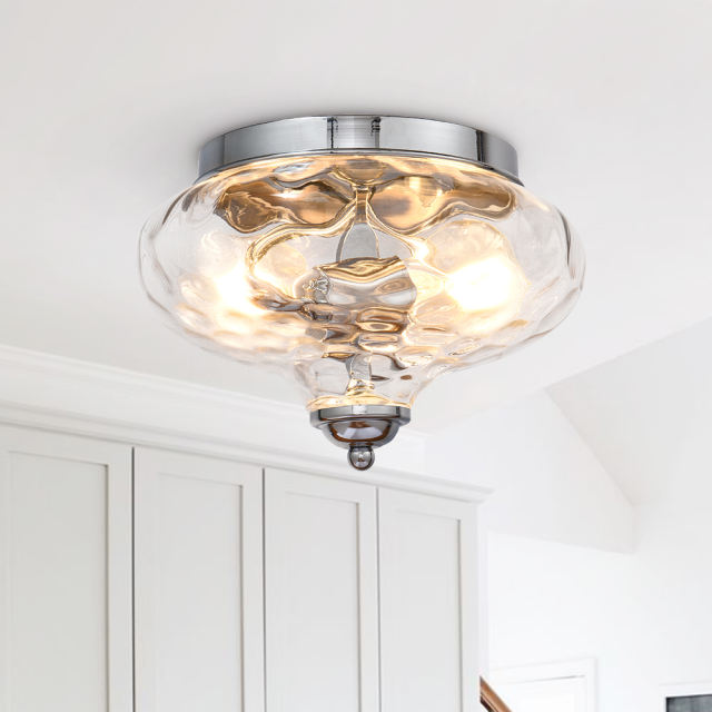 Modern Contemporary Hammer Glass Shade 2-Light Flush Mount Ceiling Light in Chrome Finish for Bedroom/ Hallway