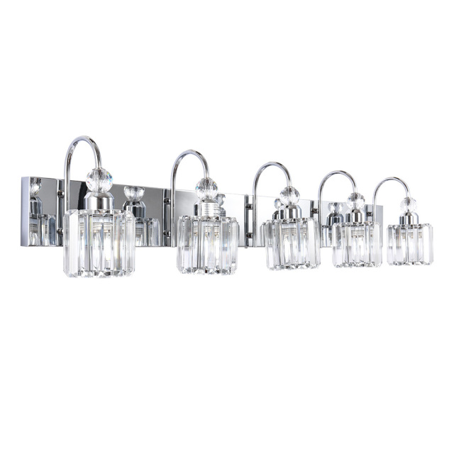 Luxurious Modern 5 Light Crystal Wall Sconce Modern Vanity Light for Bathroom in Chrome/ Black+Brass Finish