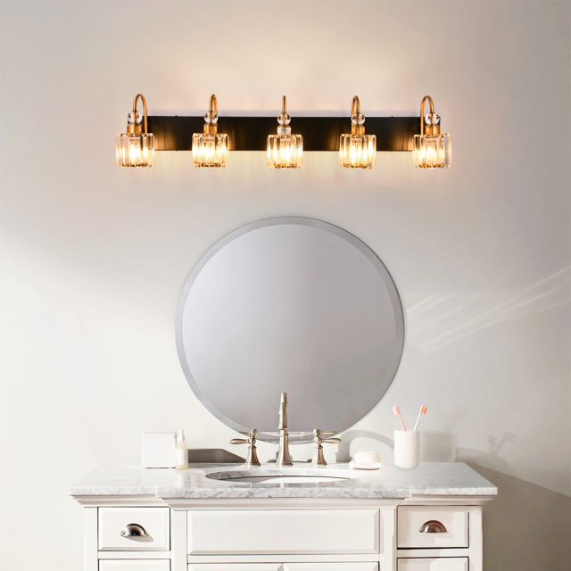 Luxurious Modern 5 Light Crystal Wall Sconce Modern Vanity Light for Bathroom in Chrome/ Black+Brass Finish