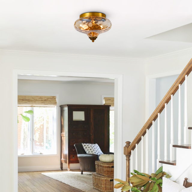 Mid-century Modern Farmhouse Hammer Glass Shade 2-Light Flush Mount Ceiling Light in Gold Finish for Bedroom/ Hallway