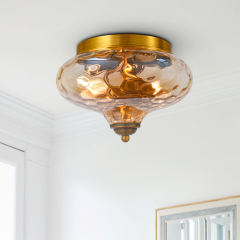 Mid-century Modern Farmhouse Hammer Glass Shade 2-Light Flush Mount Ceiling Light in Gold Finish for Bedroom/ Hallway
